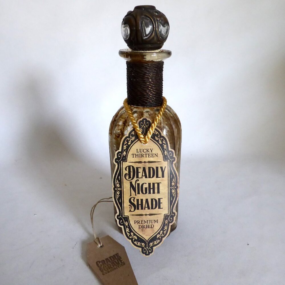 NEW 9” APOTHECARY DEADLY NIGHT SHADE HALLOWEEN GLASS BOTTLE PROP ODDITY